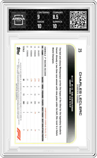 Charles Leclerc from the 2022 Topps F1 set graded by Arena Club and given an overall grade of 9.