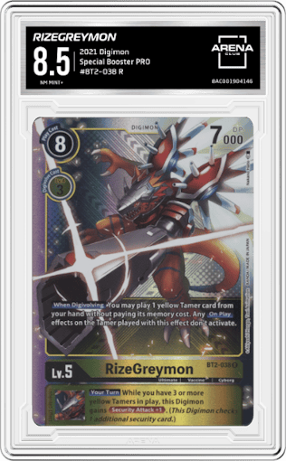 RizeGreymon  from the 2021 Digimon set graded by Arena Club and given an overall grade of 8.5.