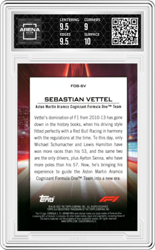 Sebastian Vettel from the 2022 Topps F1 set graded by Arena Club and given an overall grade of 9.5.