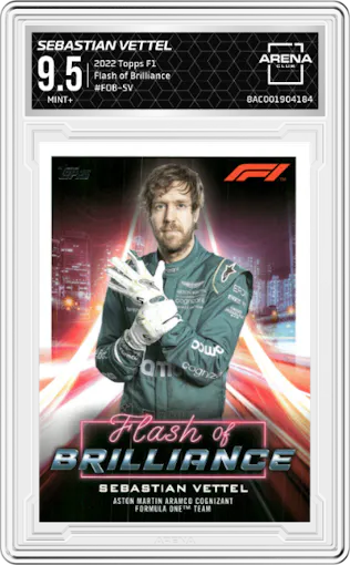 Sebastian Vettel from the 2022 Topps F1 set graded by Arena Club and given an overall grade of 9.5.