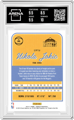 Nikola Jokic from the 2016-17 Panini Donruss  set graded by Arena Club and given an overall grade of 9.