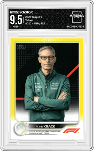 Mike Krack from the 2022 Topps F1 set featuring a Yellow parallel graded by Arena Club and given an overall grade of 9.5.