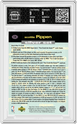 Scottie Pippen from the 1995-96 Upper Deck Collector's Choice set graded by Arena Club and given an overall grade of 9.