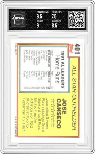 Jose Canseco from the 1992 Topps set graded by Arena Club and given an overall grade of 8.