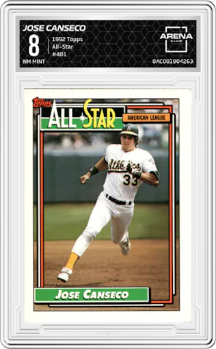 Jose Canseco from the 1992 Topps set graded by Arena Club and given an overall grade of 8.