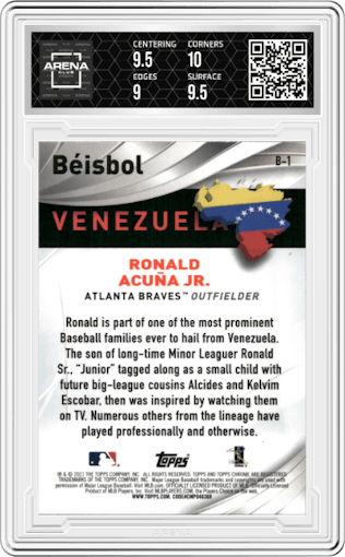 Ronald Acuña Jr. from the 2021 Topps Chrome set graded by Arena Club and given an overall grade of 9.5.