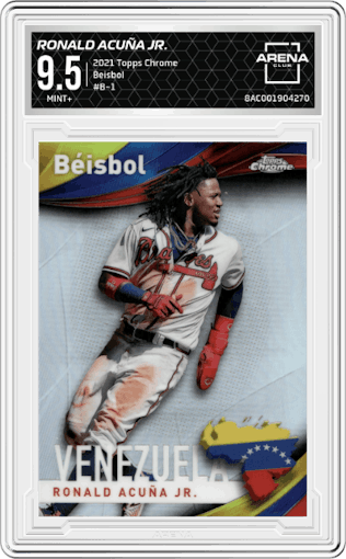 Ronald Acuña Jr. from the 2021 Topps Chrome set graded by Arena Club and given an overall grade of 9.5.