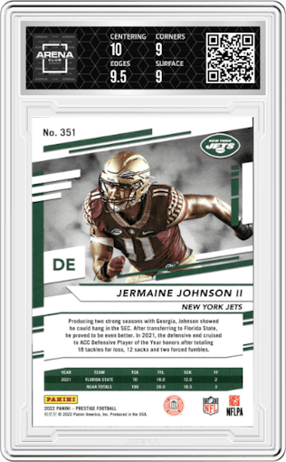 Jermaine Johnson II from the 2022 Panini Prestige set graded by Arena Club and given an overall grade of 9.5.