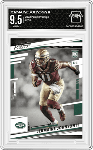 Jermaine Johnson II from the 2022 Panini Prestige set graded by Arena Club and given an overall grade of 9.5.