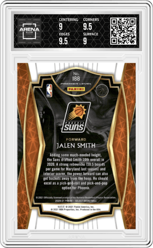 Jalen Smith from the 2020-21 Panini Select  set featuring a Blue Retail parallel graded by Arena Club and given an overall grade of 9.5.