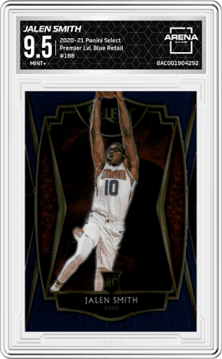 Jalen Smith from the 2020-21 Panini Select  set featuring a Blue Retail parallel graded by Arena Club and given an overall grade of 9.5.