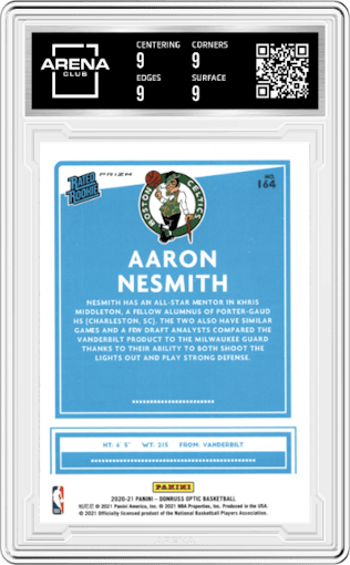 Aaron Nesmith from the 2020-21 Panini Donruss Optic set featuring a Hyper Pink parallel graded by Arena Club and given an overall grade of 9.
