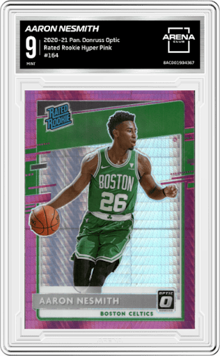 Aaron Nesmith from the 2020-21 Panini Donruss Optic set featuring a Hyper Pink parallel graded by Arena Club and given an overall grade of 9.