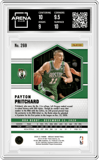 Payton Pritchard from the 2020-21 Panini Mosaic set featuring a Mosaic parallel graded by Arena Club and given an overall grade of 9.5.