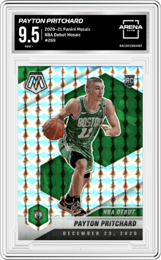 Payton Pritchard from the 2020-21 Panini Mosaic set featuring a Mosaic parallel graded by Arena Club and given an overall grade of 9.5.