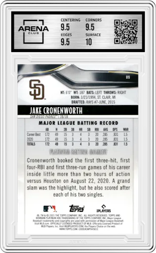 Jake Cronenworth from the 2021 Bowman Platinum set graded by Arena Club and given an overall grade of 10.