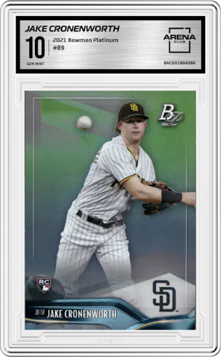 Jake Cronenworth from the 2021 Bowman Platinum set graded by Arena Club and given an overall grade of 10.