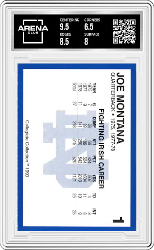 Joe Montana from the 1990 Collegiate Collection Notre Dame set graded by Arena Club and given an overall grade of 7.