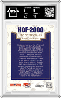 Eric Dickerson from the 1992 Pro Set set graded by Arena Club and given an overall grade of 8.5.