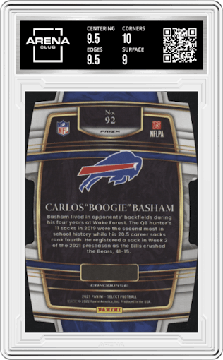 Carlos "Boogie" Basham from the 2021 Panini Select set featuring a Die-Cut Silver parallel graded by Arena Club and given an overall grade of 9.5.