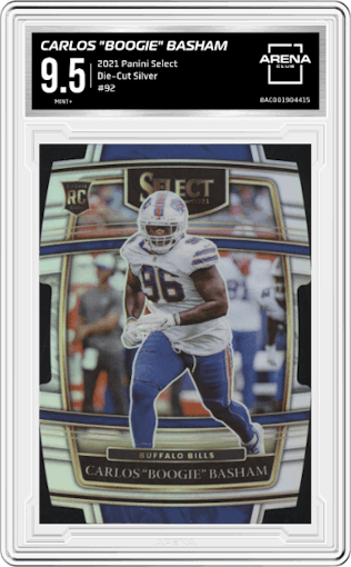 Carlos "Boogie" Basham from the 2021 Panini Select set featuring a Die-Cut Silver parallel graded by Arena Club and given an overall grade of 9.5.