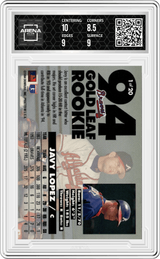 Javy Lopez from the 1994 Leaf set graded by Arena Club and given an overall grade of 9.