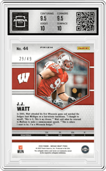 J.J. Watt from the 2022 Panini Mosaic Draft Picks set featuring a Purple Mosaic  parallel graded by Arena Club and given an overall grade of 10.