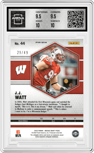 J.J. Watt from the 2022 Panini Mosaic Draft Picks set featuring a Purple Mosaic  parallel graded by Arena Club and given an overall grade of 10.