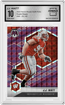 J.J. Watt from the 2022 Panini Mosaic Draft Picks set featuring a Purple Mosaic  parallel graded by Arena Club and given an overall grade of 10.