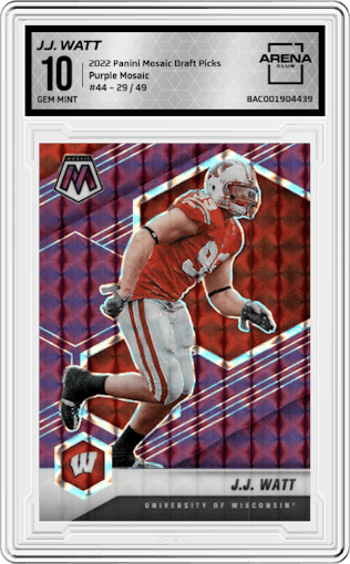 J.J. Watt from the 2022 Panini Mosaic Draft Picks set featuring a Purple Mosaic  parallel graded by Arena Club and given an overall grade of 10.
