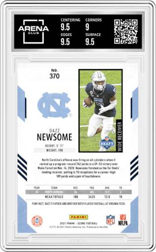 Dazz Newsome from the 2021 Panini Score set graded by Arena Club and given an overall grade of 9.5.