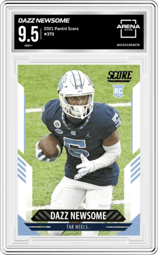 Dazz Newsome from the 2021 Panini Score set graded by Arena Club and given an overall grade of 9.5.