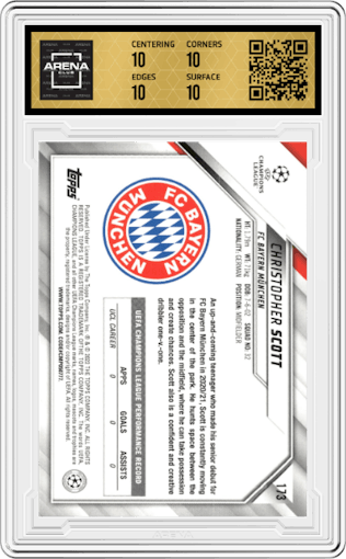 Christopher Scott from the 2021-22 Topps UEFA CL set graded by Arena Club and given an overall grade of 10.