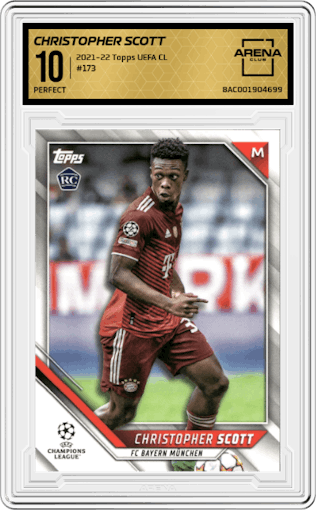 Christopher Scott from the 2021-22 Topps UEFA CL set graded by Arena Club and given an overall grade of 10.
