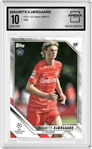 Maurits Kjærgaard from the 2021-22 Topps UEFA CL set graded by Arena Club and given an overall grade of 10.