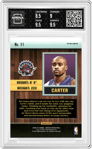 Vince Carter from the 2020-21 Panini Mosaic set featuring a Silver Mosaic parallel graded by Arena Club and given an overall grade of 9.