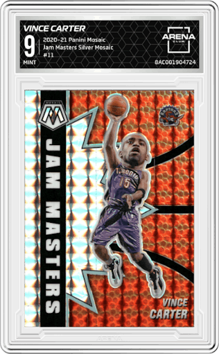 Vince Carter from the 2020-21 Panini Mosaic set featuring a Silver Mosaic parallel graded by Arena Club and given an overall grade of 9.