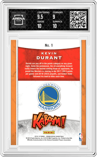 Kevin Durant from the 2018-19 Panini Crown Royale set graded by Arena Club and given an overall grade of 9.5.