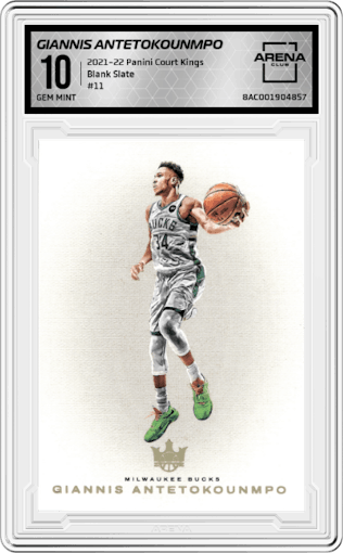Giannis Antetokounmpo from the 2021-22 Panini Court Kings set graded by Arena Club and given an overall grade of 10.