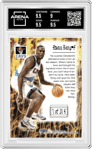 Shawn Kemp from the 1998-99 Fleer Tradition set graded by Arena Club and given an overall grade of 9.5.
