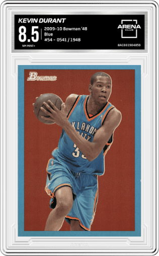 Kevin Durant from the 2009-10 Bowman '48 set featuring a Blue parallel graded by Arena Club and given an overall grade of 8.5.