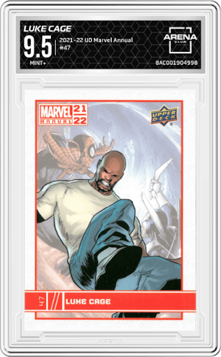 Luke Cage from the 2021-22 Upper Deck Marvel Annual set graded by Arena Club and given an overall grade of 9.5.