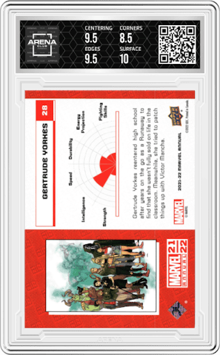 Gertrude Yorkes from the 2021-22 Upper Deck Marvel Annual set graded by Arena Club and given an overall grade of 9.