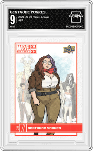 Gertrude Yorkes from the 2021-22 Upper Deck Marvel Annual set graded by Arena Club and given an overall grade of 9.