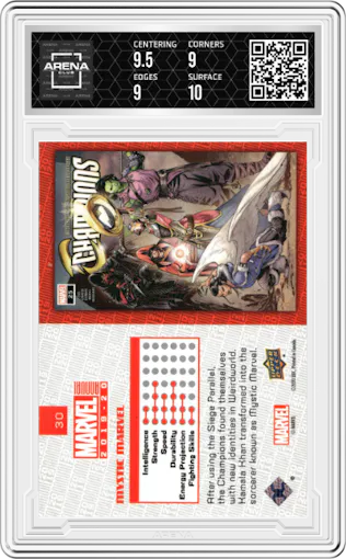 Mystic Marvel from the 2019-20 Upper Deck Marvel Annual Trading set graded by Arena Club and given an overall grade of 9.5.