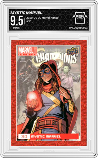 Mystic Marvel from the 2019-20 Upper Deck Marvel Annual Trading set graded by Arena Club and given an overall grade of 9.5.