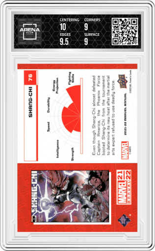Shang-Chi from the 2021-22 Upper Deck Marvel Annual set graded by Arena Club and given an overall grade of 9.5.