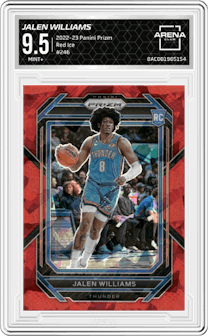 Jalen Williams from the 2022-23 Panini Prizm  set featuring a Red Ice parallel graded by Arena Club and given an overall grade of 9.5.