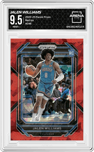 Jalen Williams from the 2022-23 Panini Prizm  set featuring a Red Ice parallel graded by Arena Club and given an overall grade of 9.5.