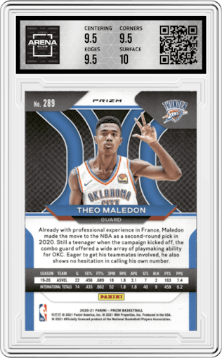 Theo Maledon from the 2020-21 Panini Prizm set featuring a Red Wave parallel graded by Arena Club and given an overall grade of 10.